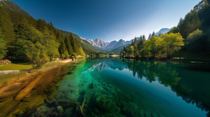 Colorful summer view of Fusine lake. Bright morning scene of Julian Alps with Mangart peak on background, Province of Udine, Italy, Europe. Traveling concept background