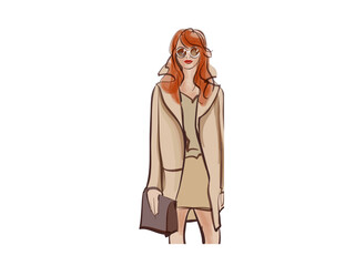 Elegant Woman in Coat Walking with a Tablet in Hand