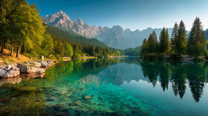 Colorful summer view of Fusine lake. Bright morning scene of Julian Alps with Mangart peak on background, Province of Udine, Italy, Europe. Traveling concept background