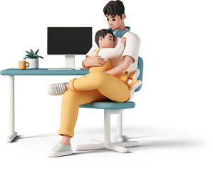 Obraz premium father hugging his baby while sitting on chair at computer