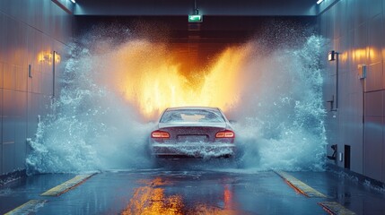 A foamy explosion as a car enters a touchless automatic car wash tunnel