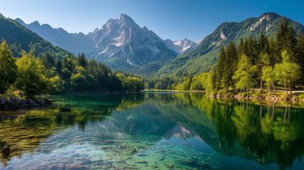 Colorful summer view of Fusine lake. Bright morning scene of Julian Alps with Mangart peak on background, Province of Udine, Italy, Europe. Traveling concept background