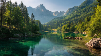 Colorful summer view of Fusine lake. Bright morning scene of Julian Alps with Mangart peak on background, Province of Udine, Italy, Europe. Traveling concept background