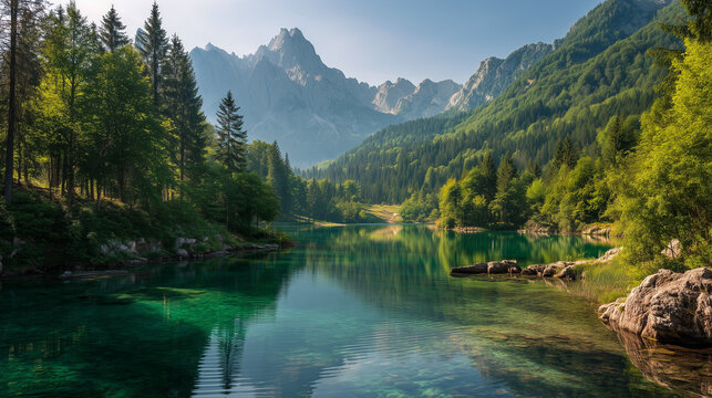 Colorful summer view of Fusine lake. Bright morning scene of Julian Alps with Mangart peak on background, Province of Udine, Italy, Europe. Traveling concept background