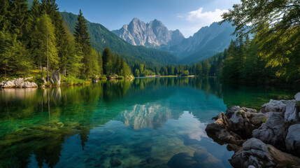 Colorful summer view of Fusine lake. Bright morning scene of Julian Alps with Mangart peak on background, Province of Udine, Italy, Europe. Traveling concept background