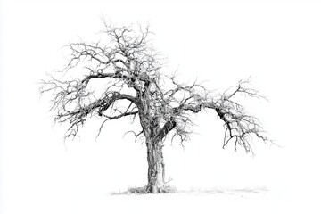 Bare tree with intricate branches stands alone in a white background, symbolizing solitude
