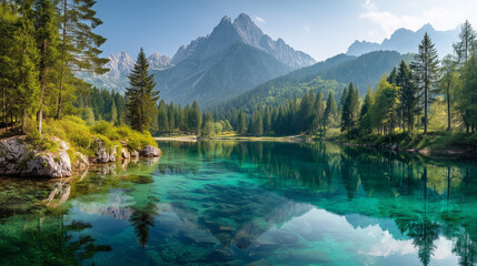 Colorful summer view of Fusine lake. Bright morning scene of Julian Alps with Mangart peak on background, Province of Udine, Italy, Europe. Traveling concept background