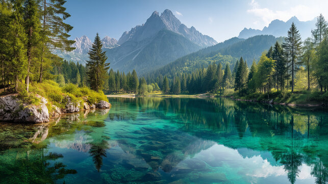 Colorful summer view of Fusine lake. Bright morning scene of Julian Alps with Mangart peak on background, Province of Udine, Italy, Europe. Traveling concept background