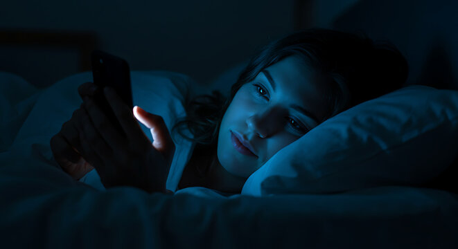 Woman using phone in bed at night, illuminated by screen light