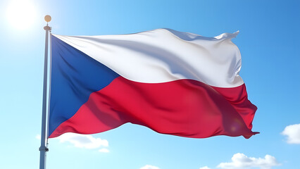 Naklejka premium Czechia's distinctive flag waving with blue triangle and red-white stripes. Ultra HD detailed patriotic background.