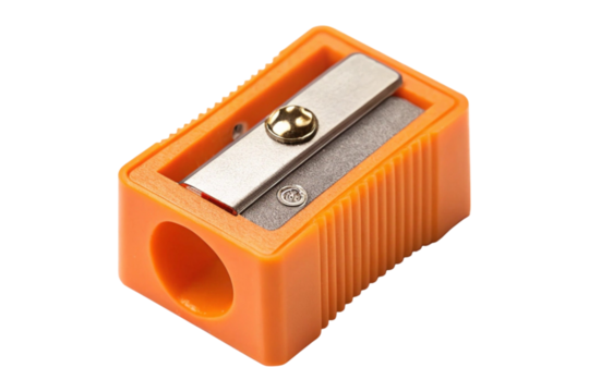 Close up of a single hole orange plastic pencil sharpener device transparent background