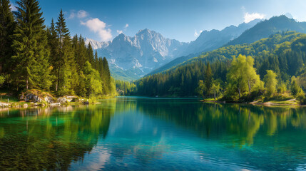 Colorful summer view of Fusine lake. Bright morning scene of Julian Alps with Mangart peak on background, Province of Udine, Italy, Europe. Traveling concept background