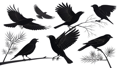 Bird doodle set. Birds hand drawn collection. Cute hand drawn bird doodles. Black on white drawing