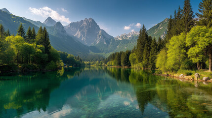 Colorful summer view of Fusine lake. Bright morning scene of Julian Alps with Mangart peak on background, Province of Udine, Italy, Europe. Traveling concept background