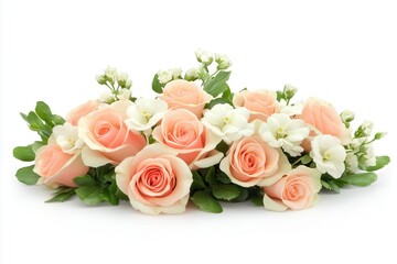 Beautiful arrangement of pink roses and white flowers on a white background
