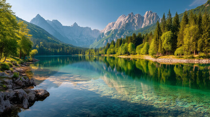 Colorful summer view of Fusine lake. Bright morning scene of Julian Alps with Mangart peak on background, Province of Udine, Italy, Europe. Traveling concept background