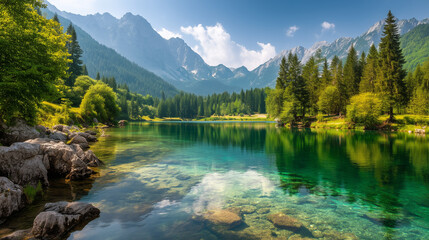 Colorful summer view of Fusine lake. Bright morning scene of Julian Alps with Mangart peak on background, Province of Udine, Italy, Europe. Traveling concept background