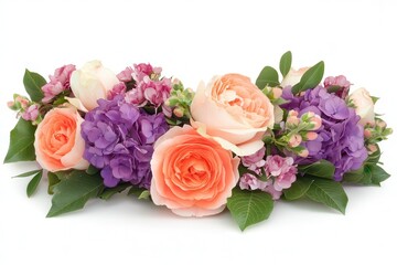 Beautiful floral arrangement featuring pink and purple roses with greenery on white background