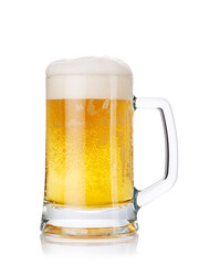 A mug of beer with a golden hue and frothy head, isolated on a clean white background