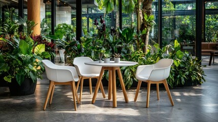 Obraz premium Modern Indoor Seating Area Decorated with Lush Green Plants and Elegant Furniture in Bright Space