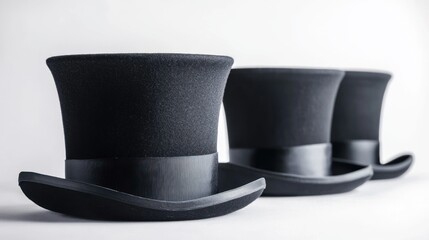 Group of matte black top hats with subtle decorative elements on white background.