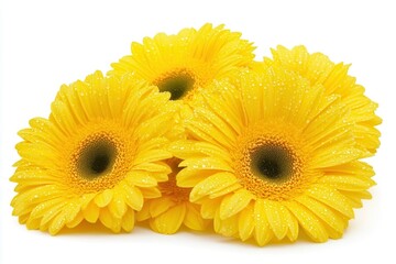 Bright yellow gerbera daisies with water droplets, arranged artistically on a white background