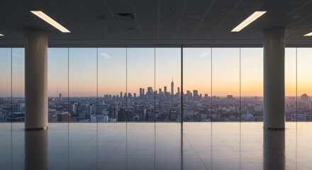 Obraz na płótnie Canvas Modern office space with cityscape view at sunset provides inspiration