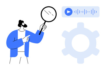Man holding a magnifying glass examining audio waveform and cog, symbolizing analysis, technology, and search. Ideal for innovation, research, technology, media, process creativity flat simple