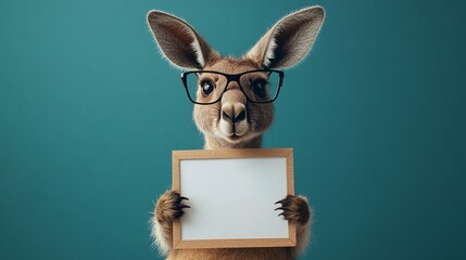 Obraz premium Australian Kangaroo With Glasses Holding a Blank Sign Template Suitable For Your Message or Text on Isolated Blue Background