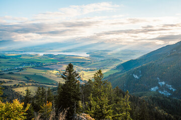 Sunset over Liptov region with Tatras mountains  landspace, Slovakia.