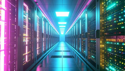 Fototapeta premium The cyberpunk server room is alive with color. 