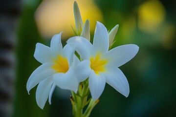 Obraz premium Close-up of elegant white flowers with yellow centers against a blurred green background