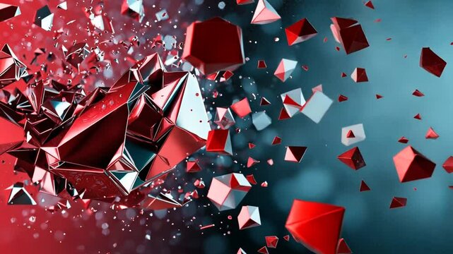 Abstract explosion of red and silver geometric shapes against a gradient background