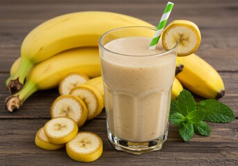 Refreshing banana smoothie with fresh fruits on a rustic wooden table top