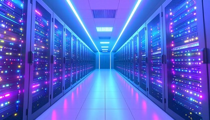 Fototapeta premium The cyberpunk server room is alive with color. 