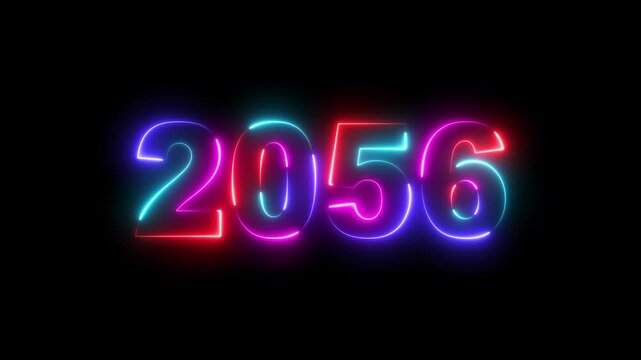 2056 neon line text. Abstract 2056 neon text animation, Glowing neon number text background 4k video. Digital font against a dark background with neon line looping animation. Happy new year concept