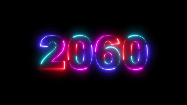 2060 neon line text. Abstract 2060 neon text animation ,Four neon color Glowing neon number text background 4k video animation Happy new year concept neon line text looping animation.