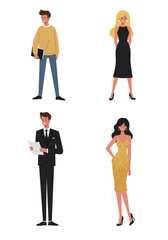 Fototapeta premium Simple flat design of four diverse actor characters on a white background, colorful, modern, and expressive.