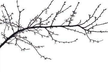 Delicate flowering branch against a minimalist white background, symbolizing spring's arrival