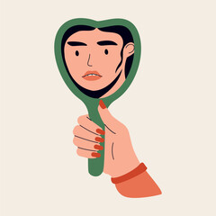 Hand holding mirror. Woman looking in mirror at herself, female face reflection in mirrors, cartoon woman character with confidence and positive self acceptance. Vector flat illustration