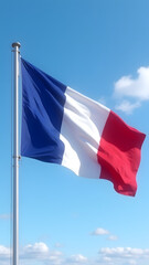 France's legendary tricolor waves majestically, its blue-white-red stripes flowing dynamically in sunlight. Stunning HD patriotic image.