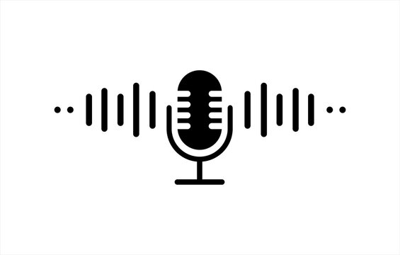 Microphone icon.  Black Audio speech podcast mic symbol on transparent background