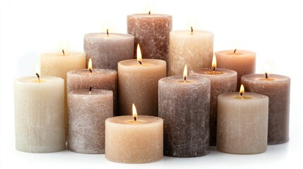 Group of pillar candles in beige tones with warm flames on white background.