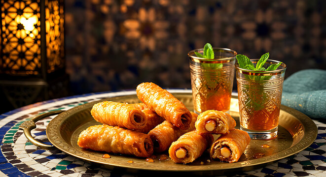 Moroccan almond briouats, golden crispy rolls filled with almond paste and honey