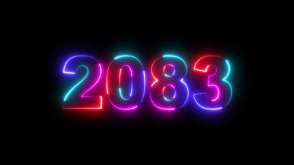 Abstract 2083 neon text animation ,Four rainbow color neon Glowing number text background 4k video. happy new year concept, Abstract 2083 neon line  text animation