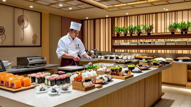 Skilled sushi chef preparing elegant japanese cuisine in a modern restaurant