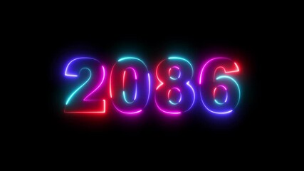 Abstract 2086 neon text animation ,Four rainbow color neon Glowing number text background 4k video. happy new year concept, Abstract 2086 neon line  text animation