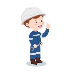 Cartoon industrial engineer wearing helmet holding wrench and pointing up with idea isolated on white background.