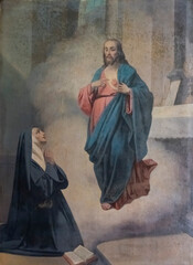 Painting (19th century) of Vision of Sacred Heart of Jesus Christ to Saint Margaret Mary Alacoque. © Joan