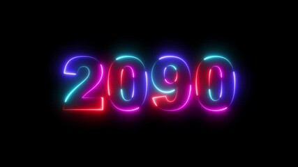Abstract 2090 neon text animation ,Four rainbow color neon Glowing number text background 4k video. happy new year concept, Abstract 2090 neon line  text animation